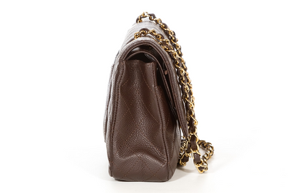 Cuero | Classic Quilted Double Flap Medium Brown Caviar Leather Shoulder Bag
