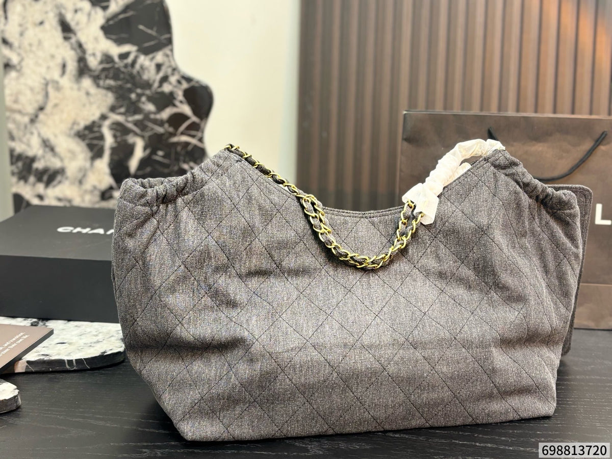 Cuero | Quilted Denim Chain Hobo Tote Bag - Grey