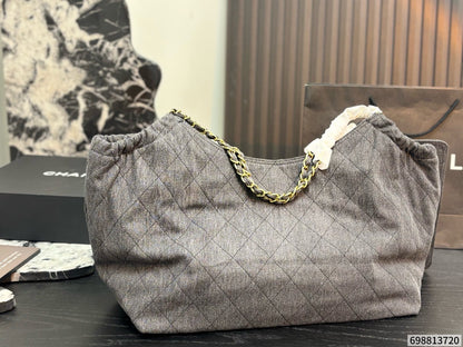 Cuero | Quilted Denim Chain Hobo Tote Bag - Grey