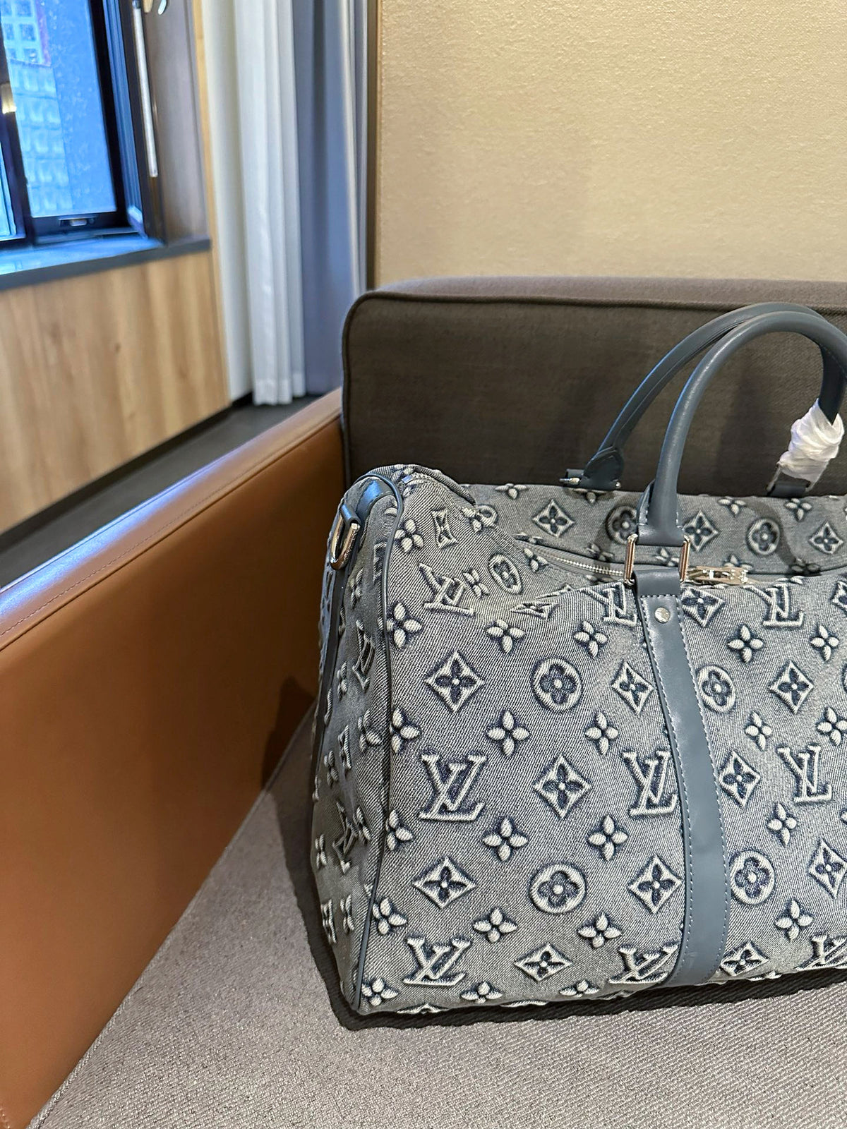Cuero | Monogram Denim Boston Duffle Bag - Washed Grey Blue