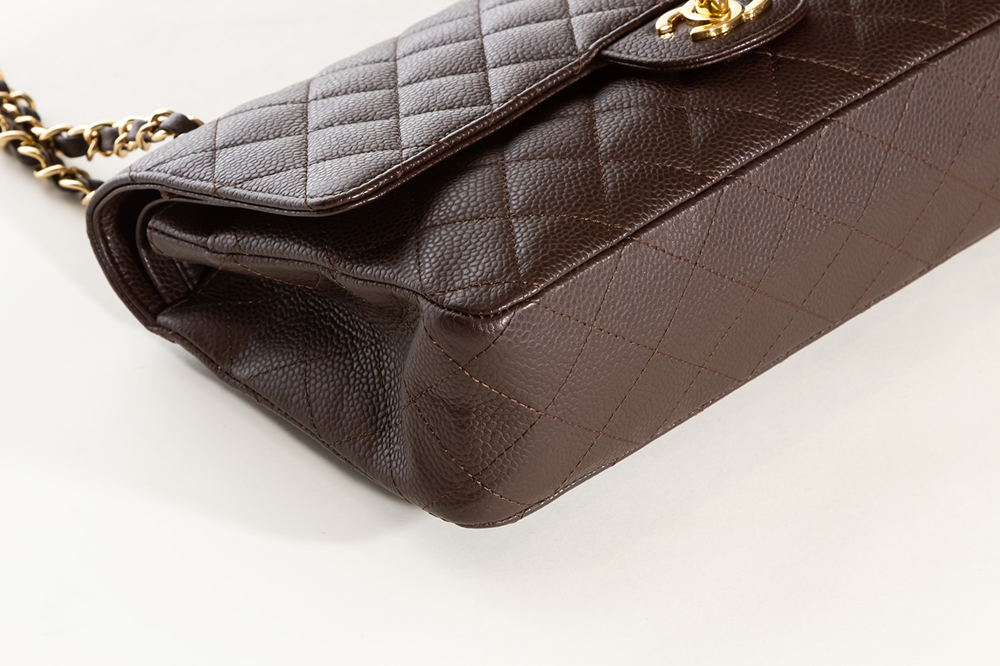Cuero | Classic Quilted Double Flap Medium Brown Caviar Leather Shoulder Bag