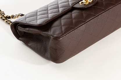Cuero | Classic Quilted Double Flap Medium Brown Caviar Leather Shoulder Bag