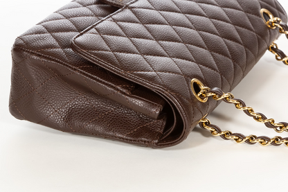 Cuero | Classic Quilted Double Flap Medium Brown Caviar Leather Shoulder Bag