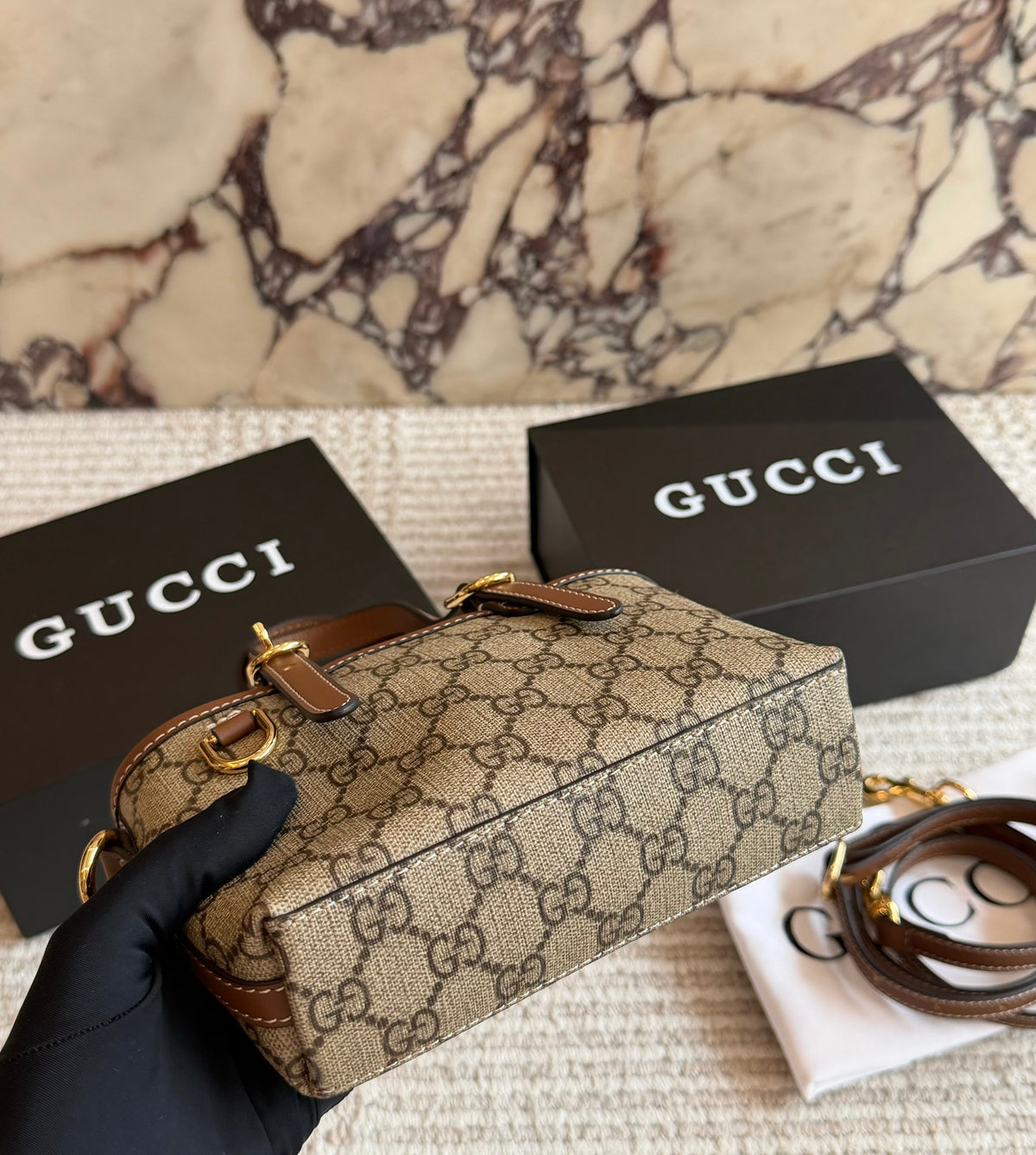 Cuero | Signature Monogram Mini Buckle Tote Bag - Beige & Brown Monogram