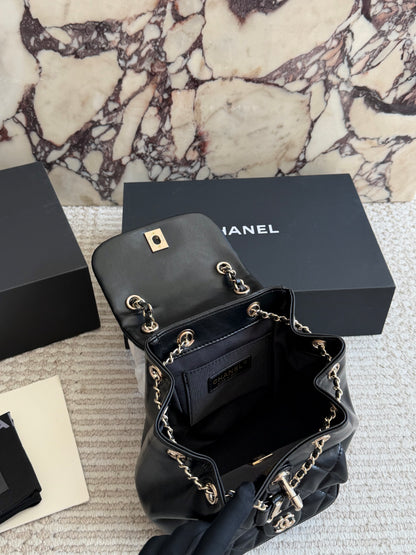 Cuero | Diamond Quilted Dual Flap Chain Backpack - Black