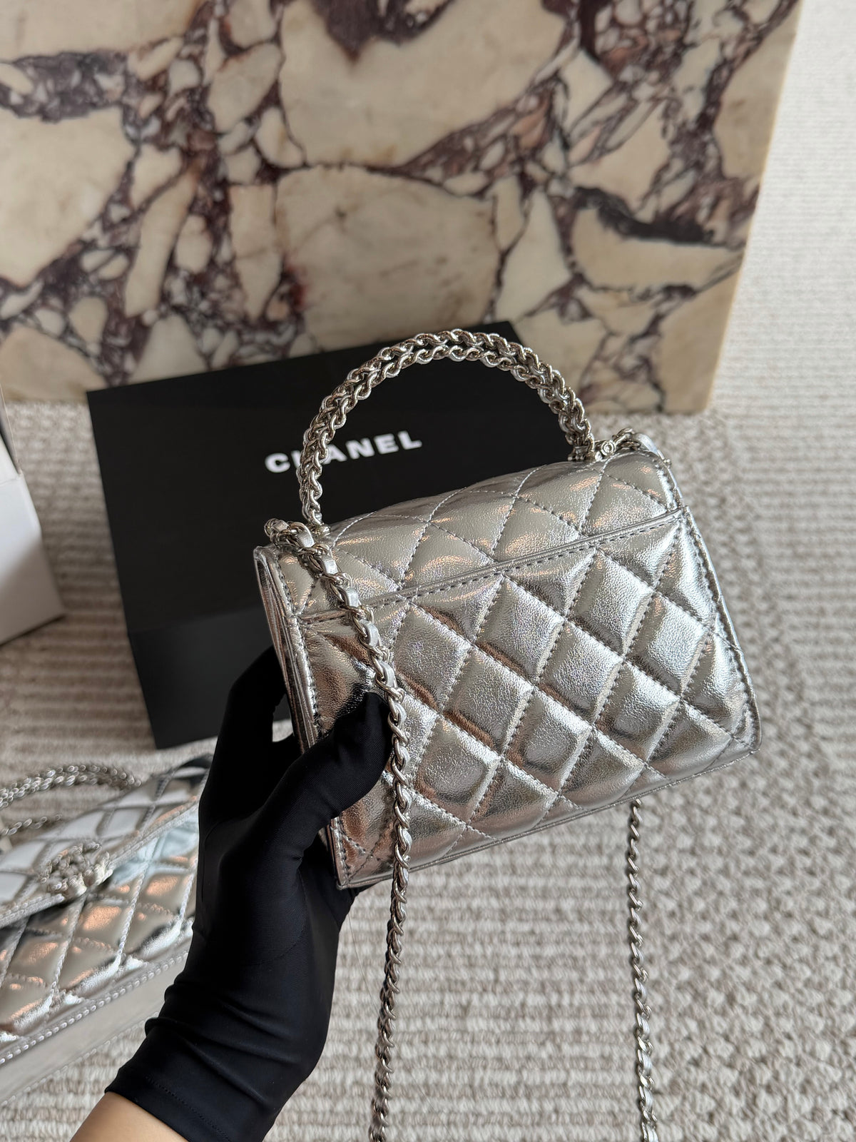 Cuero | Mini Quilted Top Handle Flap Bag - Metallic Silver