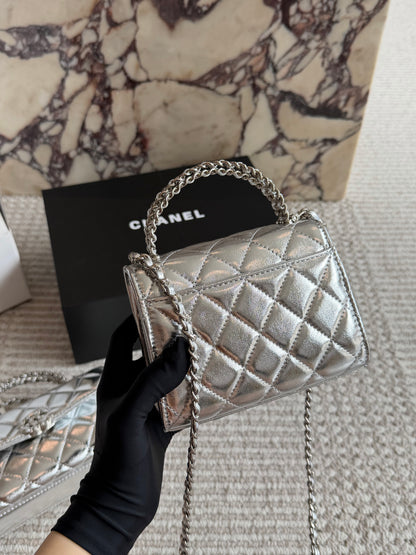 Cuero | Mini Quilted Top Handle Flap Bag - Metallic Silver