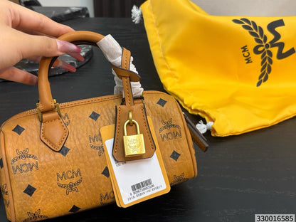 Cuero | Mini Logo Print Barrel Boston Bag - Tan Cognac