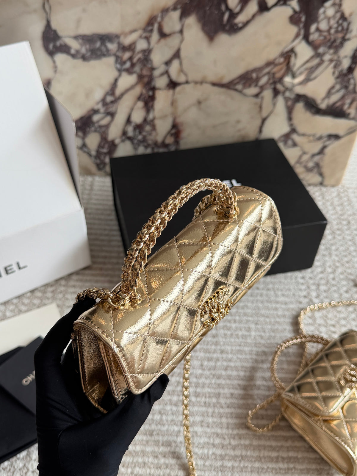 Cuero | Mini Quilted Top Handle Flap Bag - Metallic Gold
