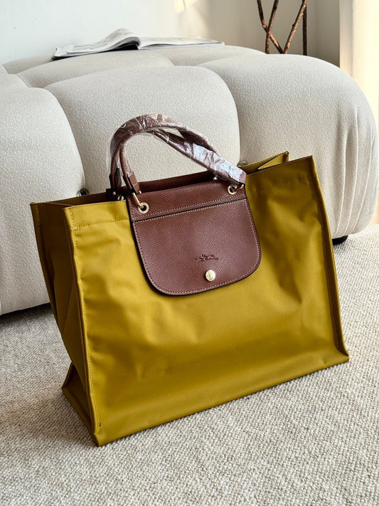 Longchamp Le Pliage Original Tote – Mustard Yellow with Brown Leather