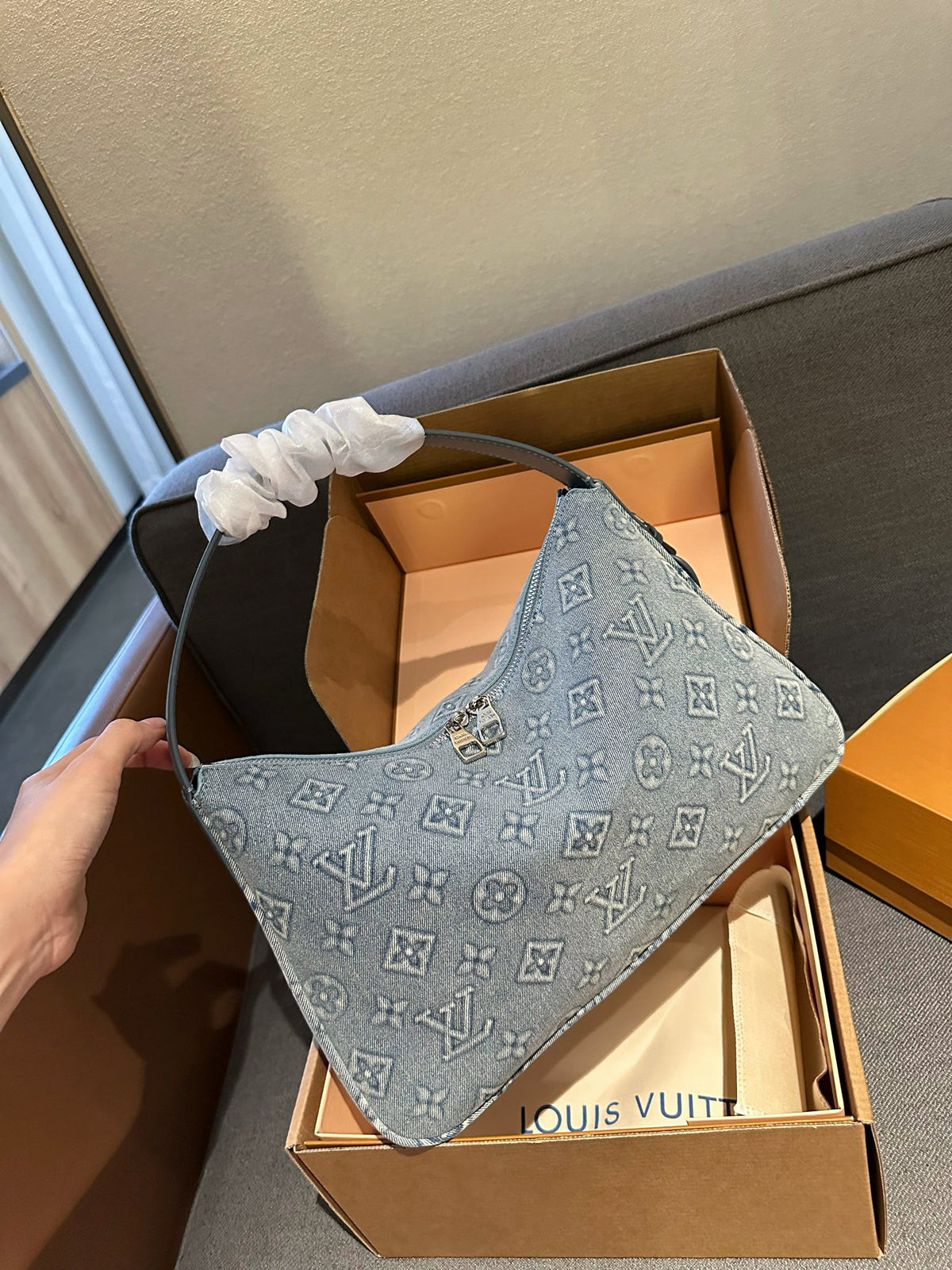 Cuero | Monogram Denim Zip Hobo Shoulder Bag - Washed Blue
