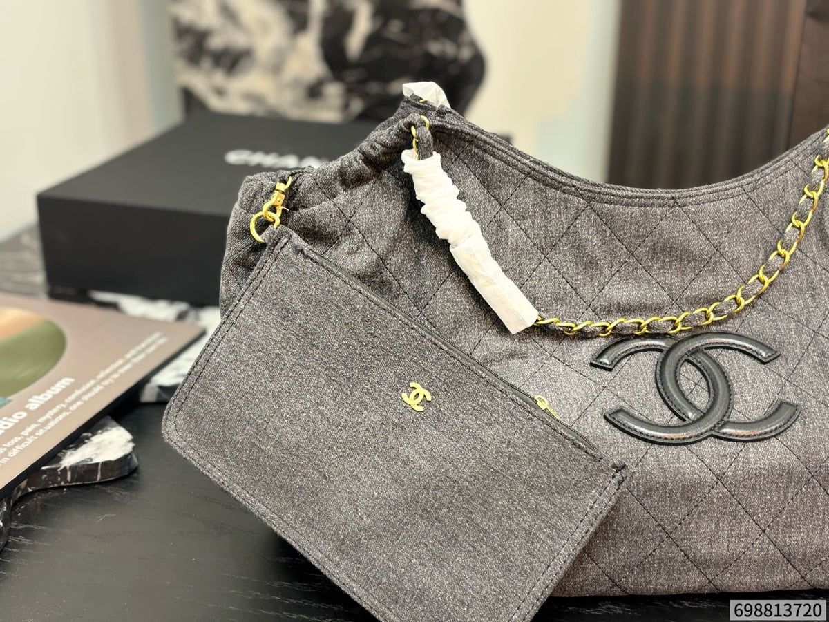 Cuero | Quilted Denim Chain Hobo Tote Bag - Grey