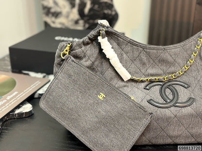 Cuero | Quilted Denim Chain Hobo Tote Bag - Grey