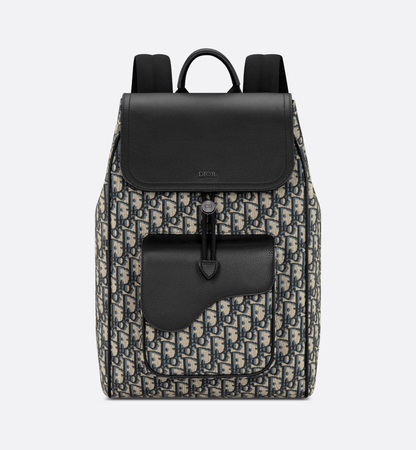 Cuero | Saddle Backpack Beige and Black Oblique Jacquard and Black Grained Calfskin