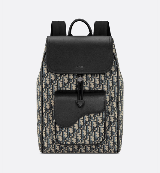 Cuero | Saddle Backpack Beige and Black Oblique Jacquard and Black Grained Calfskin