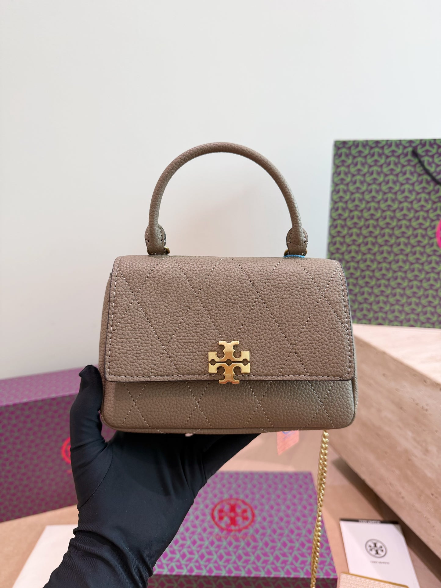 Cuero | Quilted Top Handle Mini Bag Taupe