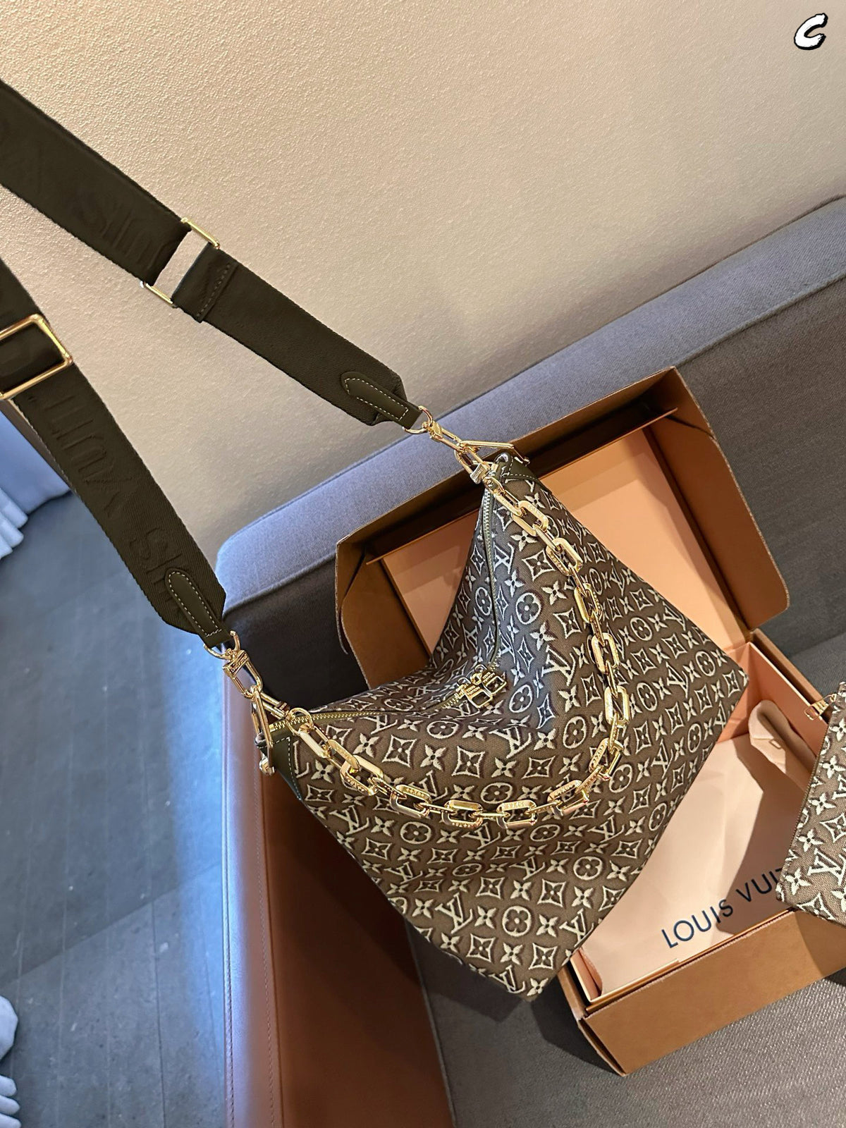 Cuero | Monogram Jacquard Chain Link Hobo Bag with Pouch - Olive Green
