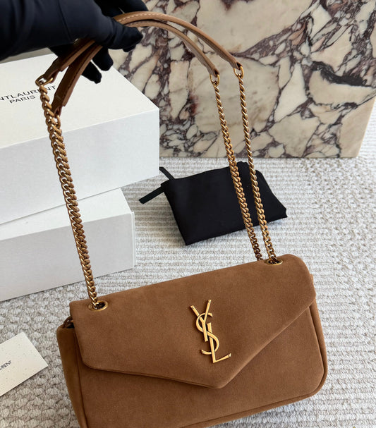 Cuero | Suede Asymmetric Logo Flap Chain Bag - Tan Brown