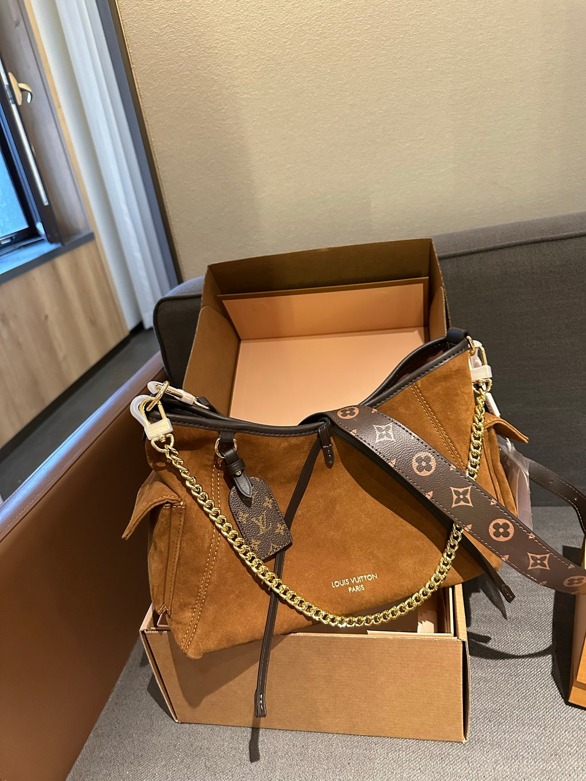 Cuero | Monogram Suede Chain Link Hobo Bag - Tan Brown