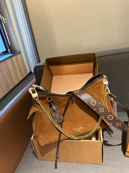 Cuero | Monogram Suede Chain Link Hobo Bag - Tan Brown