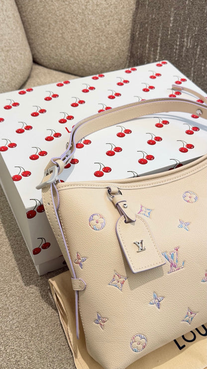 Cuero | Pastel Embroidered Monogram Shoulder Hobo Bag - Cream