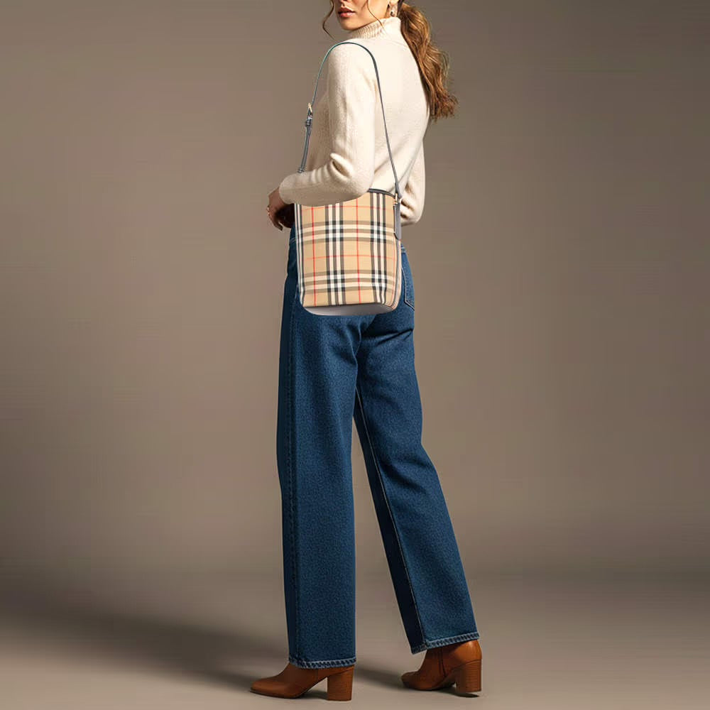 Cuero | Ashby Archive Beige Check Fabric and Leather Bucket Bag