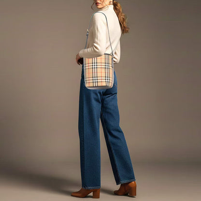 Cuero | Ashby Archive Beige Check Fabric and Leather Bucket Bag