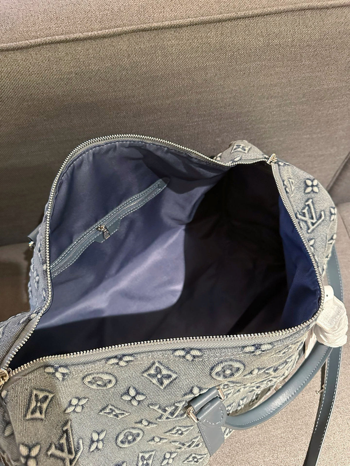 Cuero | Monogram Denim Boston Duffle Bag - Washed Grey Blue