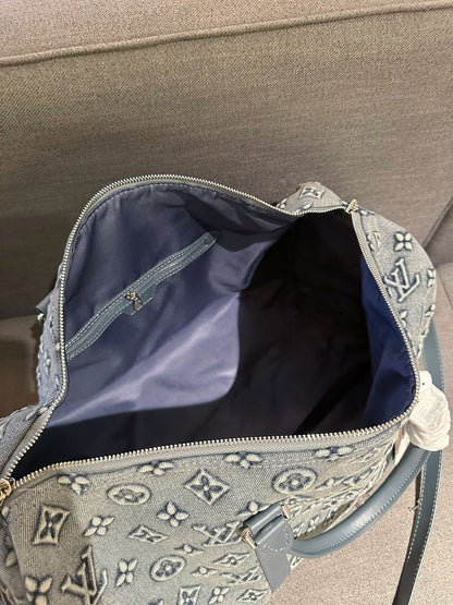 Cuero | Monogram Denim Boston Duffle Bag - Washed Grey Blue