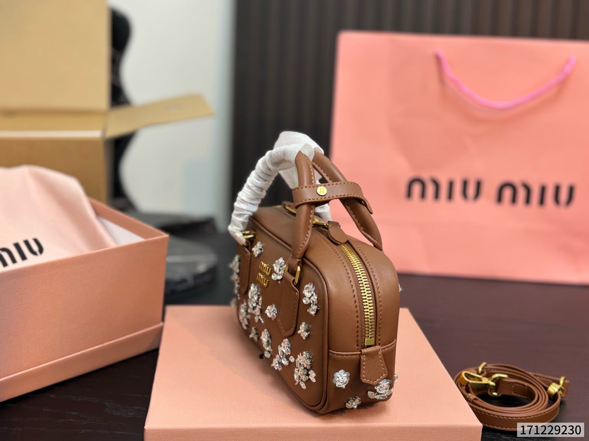 Cuero | Crystal Floral Embellished Mini Duffle Top Handle Bag - Tan Brown