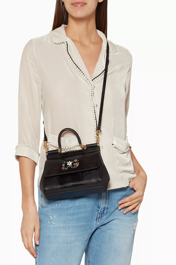Cuero | Black Small Miss Sicily Iguana Leather Bag
