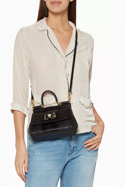 Cuero | Black Small Miss Sicily Iguana Leather Bag