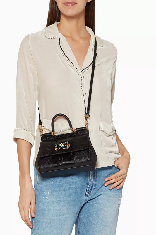 Cuero | Black Small Miss Sicily Iguana Leather Bag