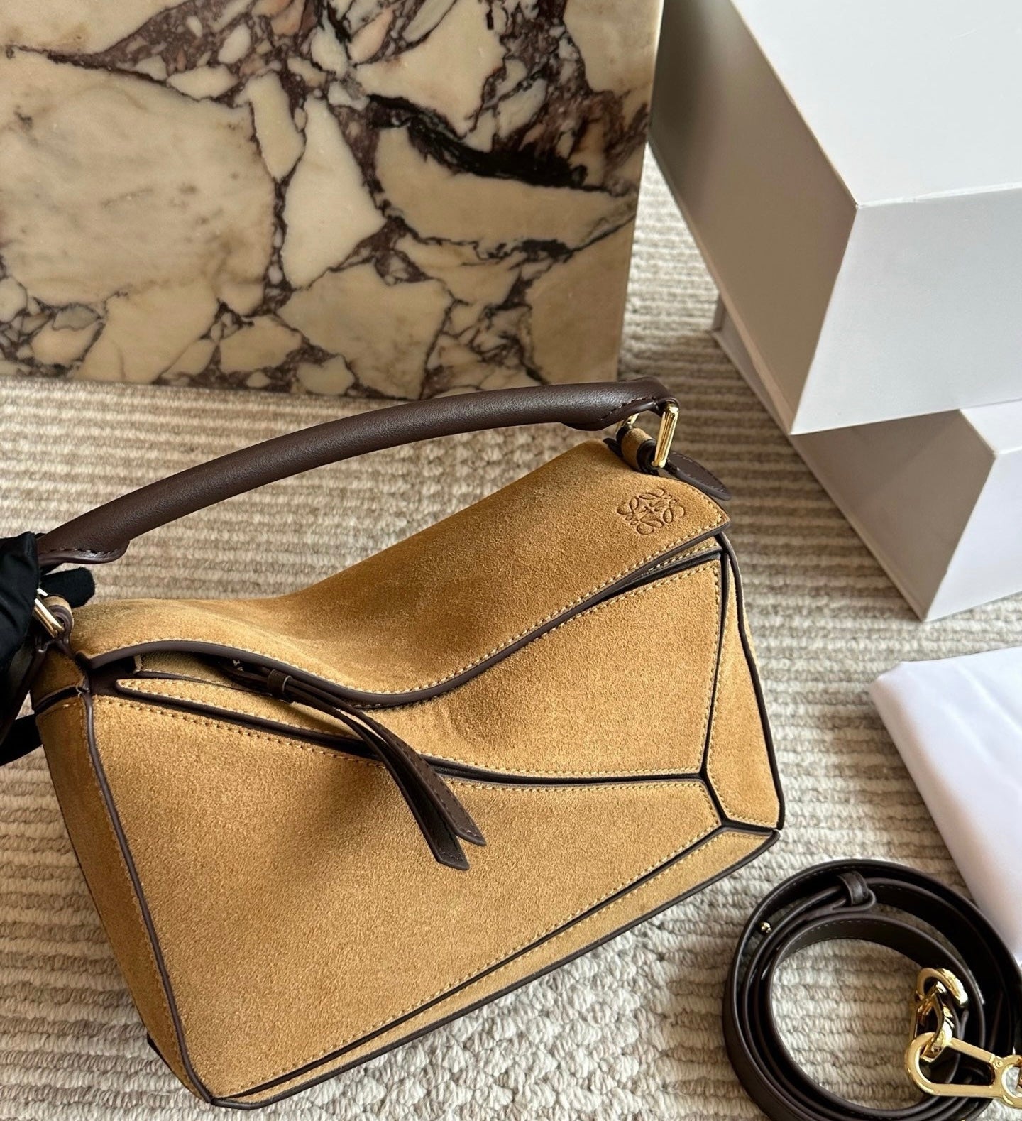 Cuero | Beige Suede Geometric Top Handle Bag