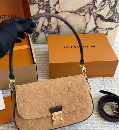 Cuero | Monogram Embossed Suede Shoulder Bag - Camel