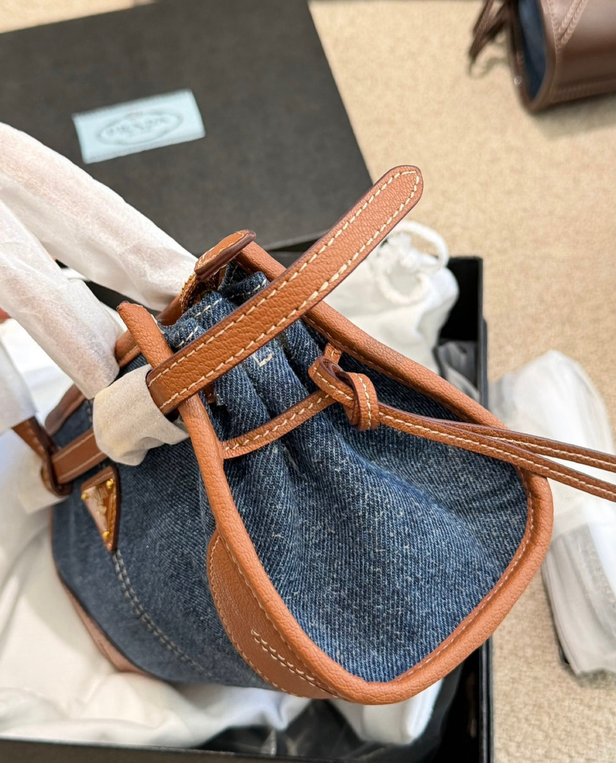 Cuero | Denim Mini Tote Bag with Leather Trim - Blue Denim and Tan
