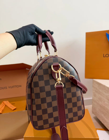 Cuero | Checkered Barrel Satchel Bag - Bordeaux Check