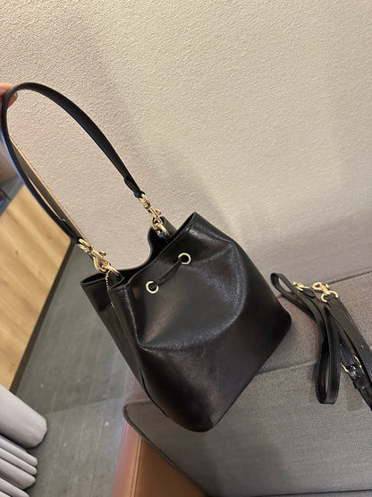 Cuero | Pebbled Leather Drawstring Bucket Bag with Front Pocket - Black