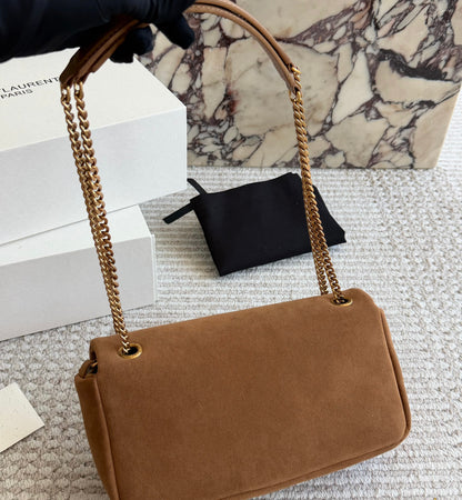 Cuero | Suede Asymmetric Logo Flap Chain Bag - Tan Brown
