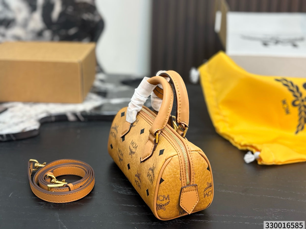 Cuero | Mini Logo Print Barrel Boston Bag - Tan Cognac