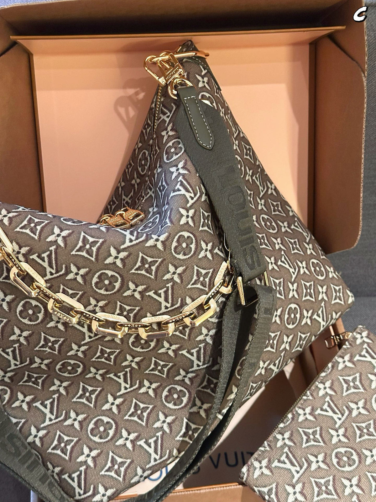 Cuero | Monogram Jacquard Chain Link Hobo Bag with Pouch - Olive Green