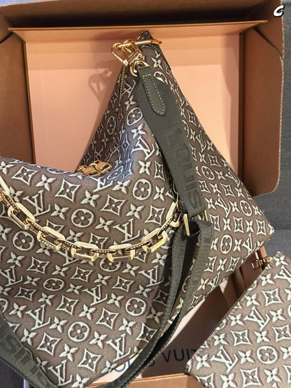 Cuero | Monogram Jacquard Chain Link Hobo Bag with Pouch - Olive Green