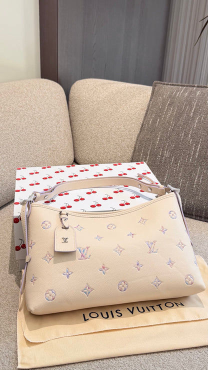 Cuero | Pastel Embroidered Monogram Shoulder Hobo Bag - Cream