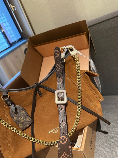 Cuero | Monogram Suede Chain Link Hobo Bag - Tan Brown