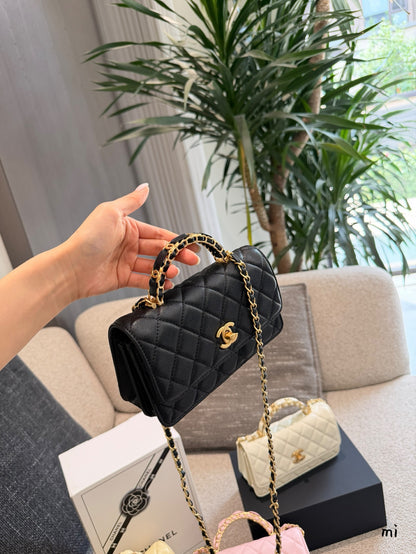 Cuero | Diamond Quilted Top Handle Chain Flap Bag - Black