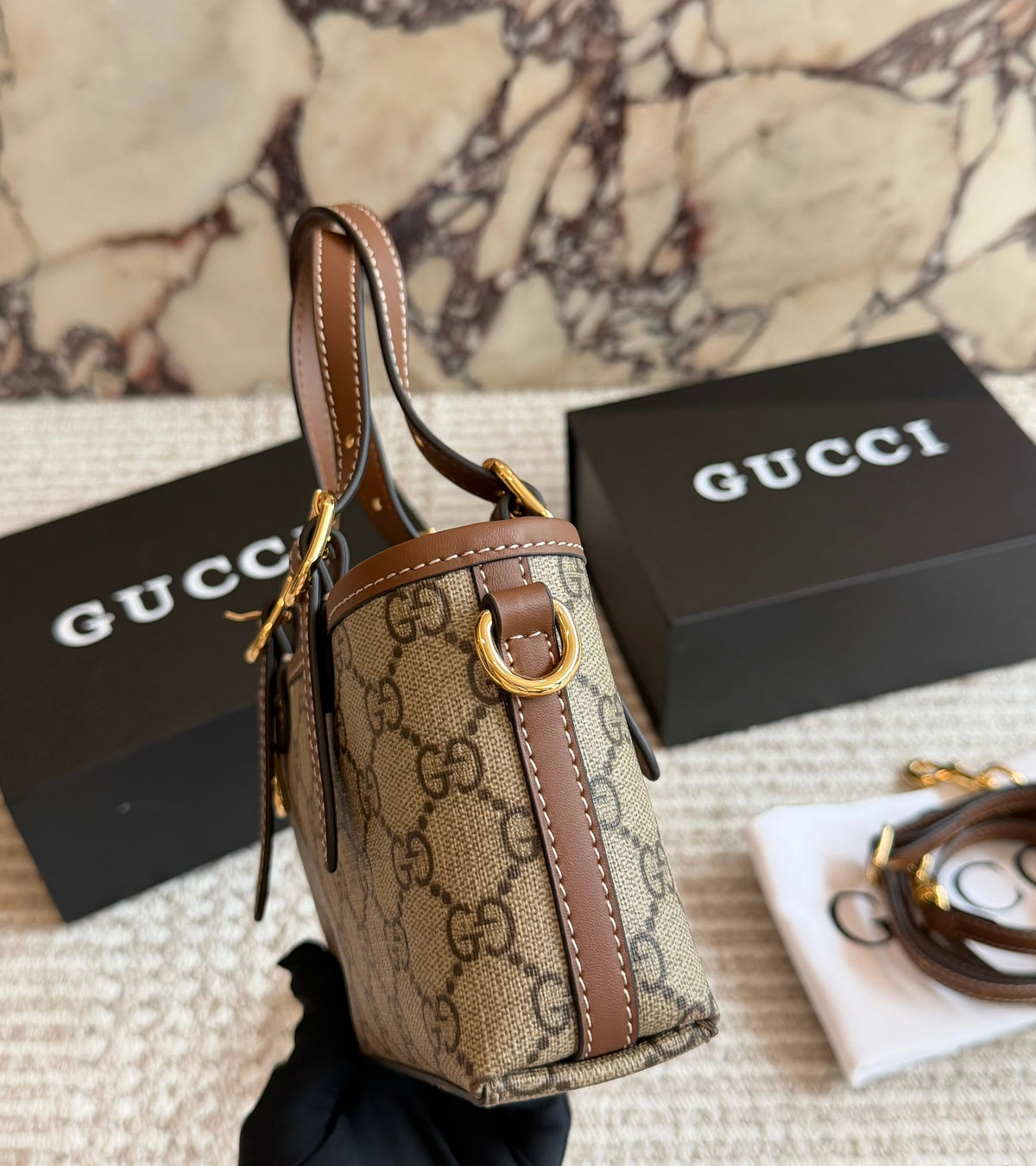 Cuero | Signature Monogram Mini Buckle Tote Bag - Beige & Brown Monogram