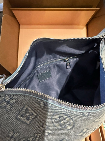 Cuero | Monogram Denim Zip Hobo Shoulder Bag - Washed Blue
