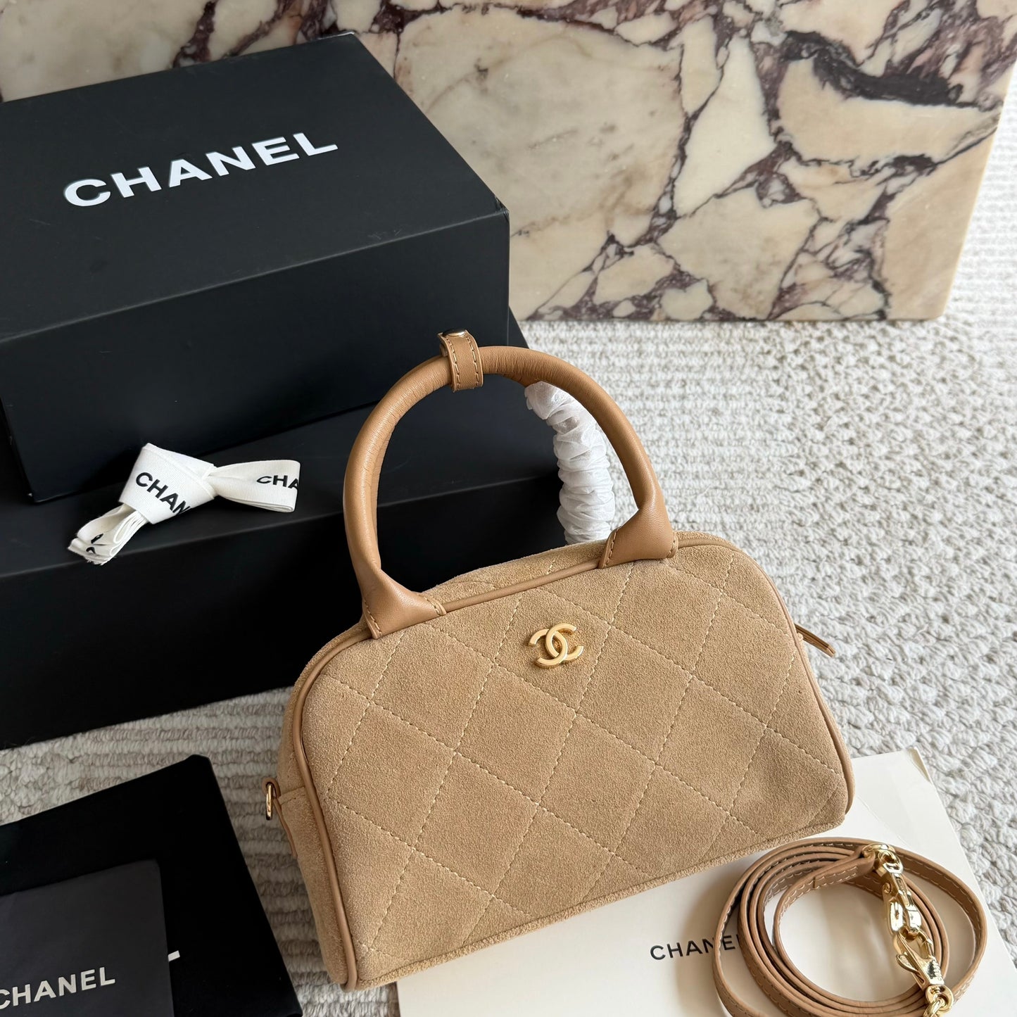 Cuero | CC Quilted Suede Bowler Top Handle Bag