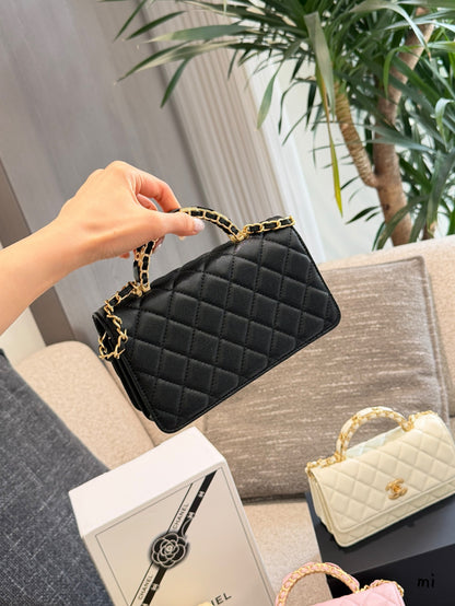 Cuero | Diamond Quilted Top Handle Chain Flap Bag - Black