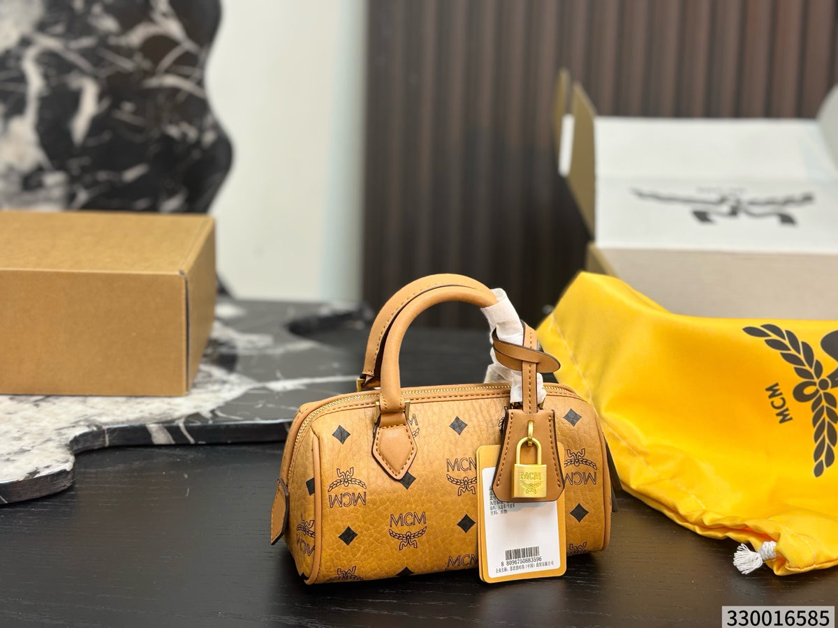Cuero | Mini Logo Print Barrel Boston Bag - Tan Cognac